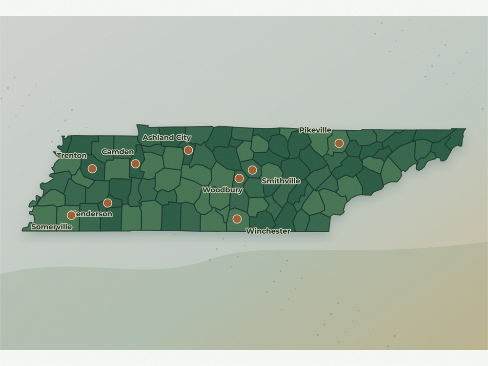 Accurate Tennessee land service area map showing Camden, Pikeville, Woodbury, Huntingdon, Ashland City, Henderson, Tazewell, Smithville, Somerville